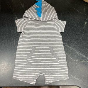 Carters Grey Striped Romper Jumpsuit Baby Boy Size 3 Months with Dinosaur Hood